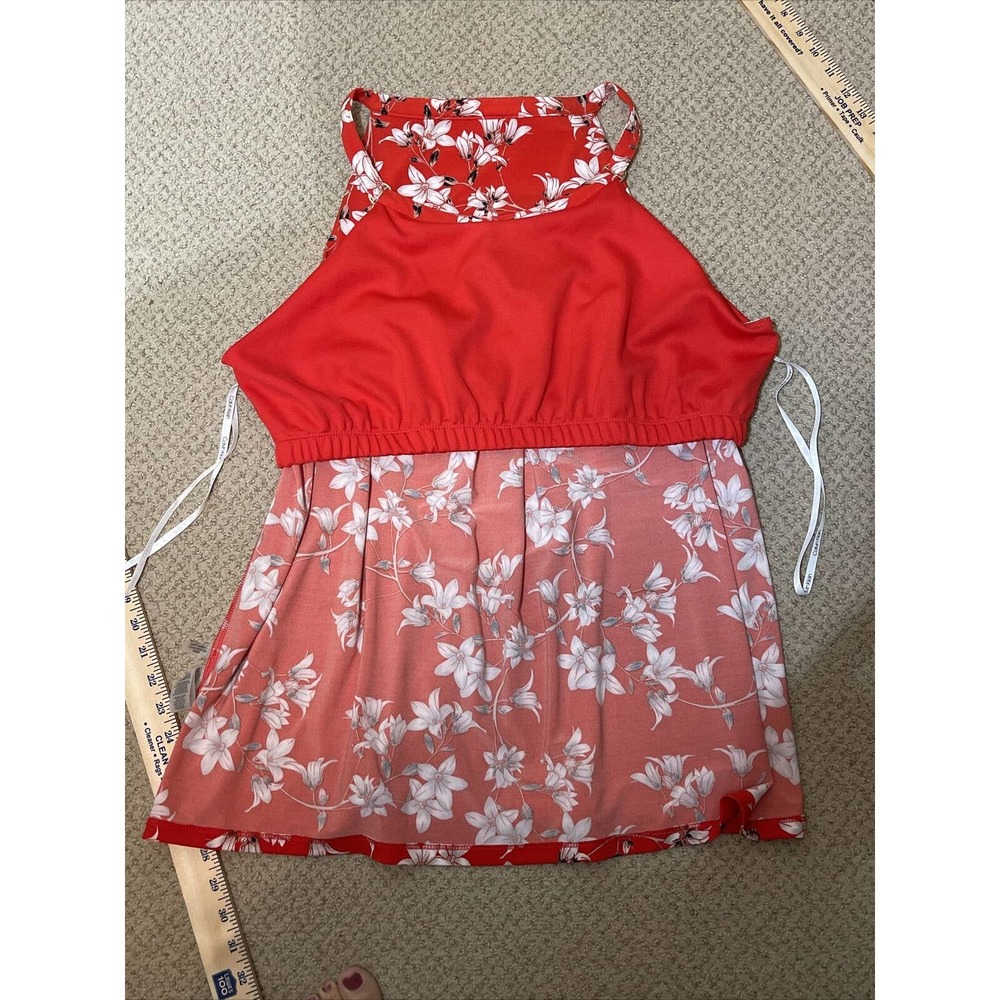 CALVIN KLEIN Women’s L Tank Top Red Floral Polyester Spandex Shelf Liner - Picture 8 of 8